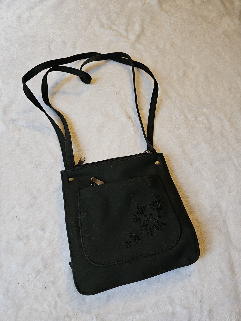 Black Crossbody Bag with Floral Embroidery - Unbranded